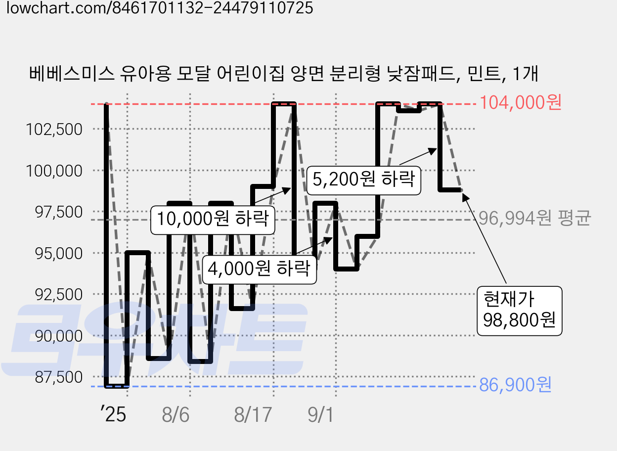 베베스미스 유아용 모달 어린이집 양면 분리형 낮잠패드, 민트, 1개 가격 변동 차트, 현재가 98,800원, 관측 최저가 86,900원