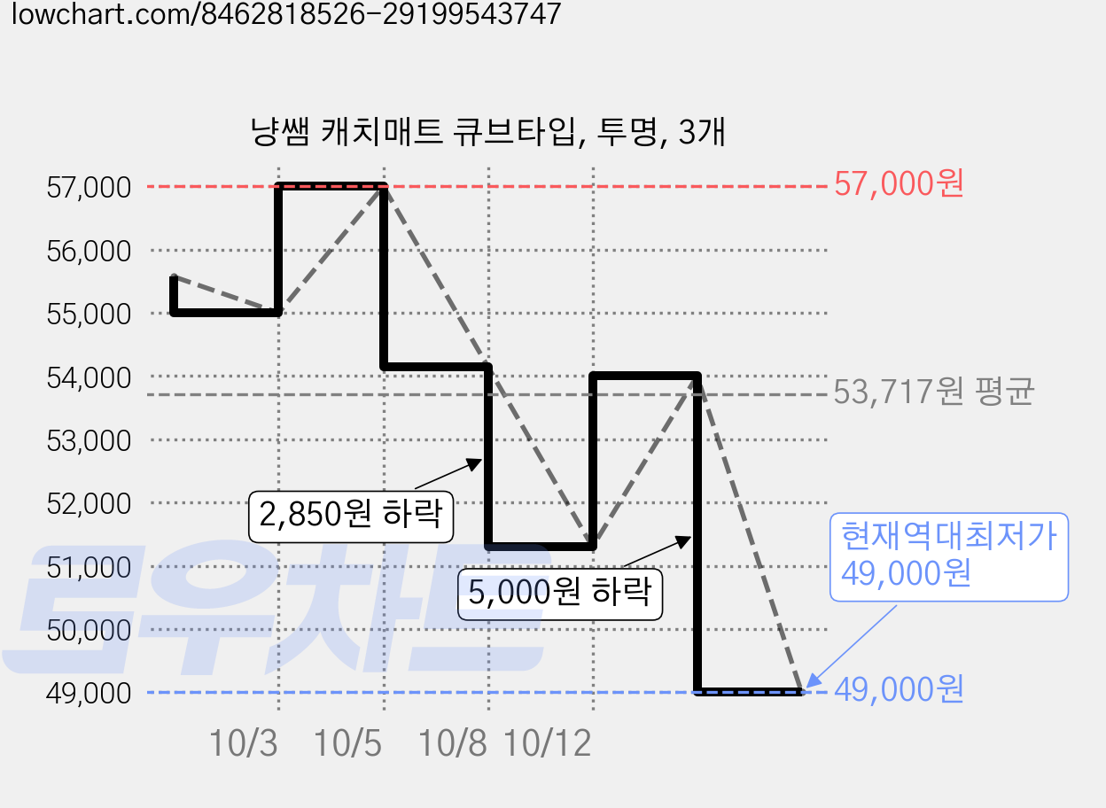 냥쌤 캐치매트 큐브타입, 투명, 3개 가격 변동 차트, 현재가 49,000원, 역대최저가