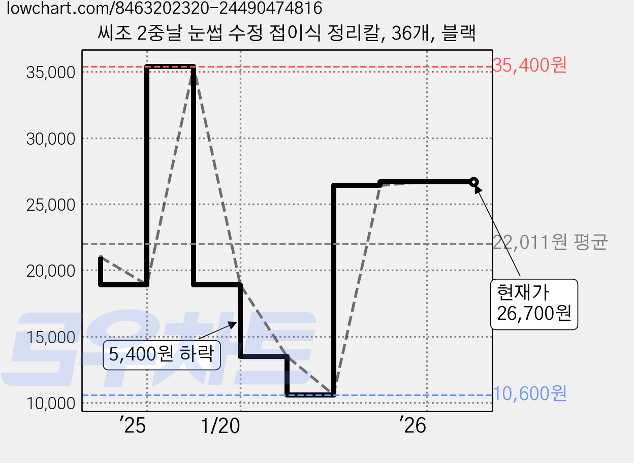 씨조 2중날 눈썹 수정 접이식 정리칼, 36개, 블랙 가격 변동 차트, 현재가 26,700원, 관측 최저가 10,600원