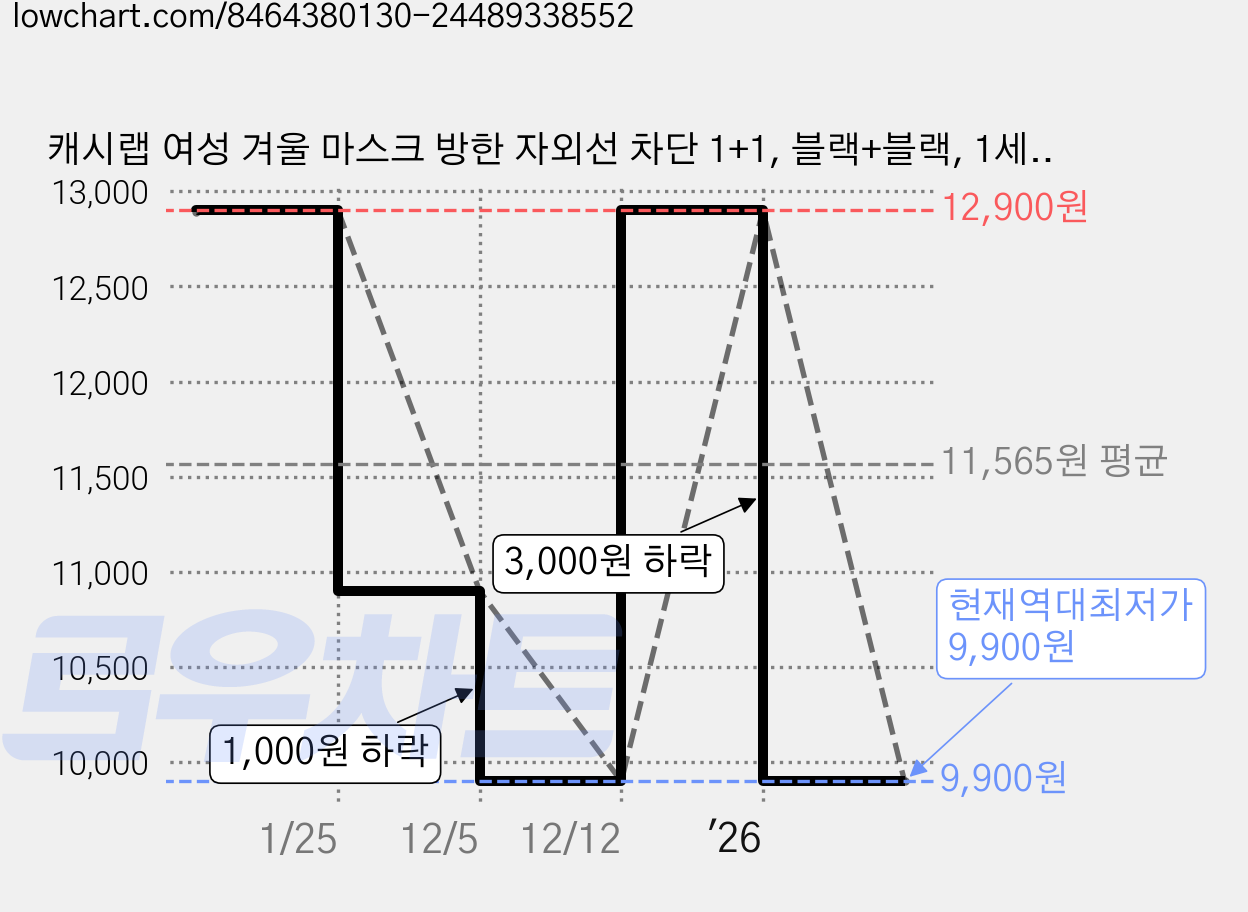 캐시랩 여성 겨울 마스크 방한 자외선 차단 1+1, 블랙+블랙, 1세트, 2개입 가격 변동 차트, 현재가 9,900원, 역대최저가