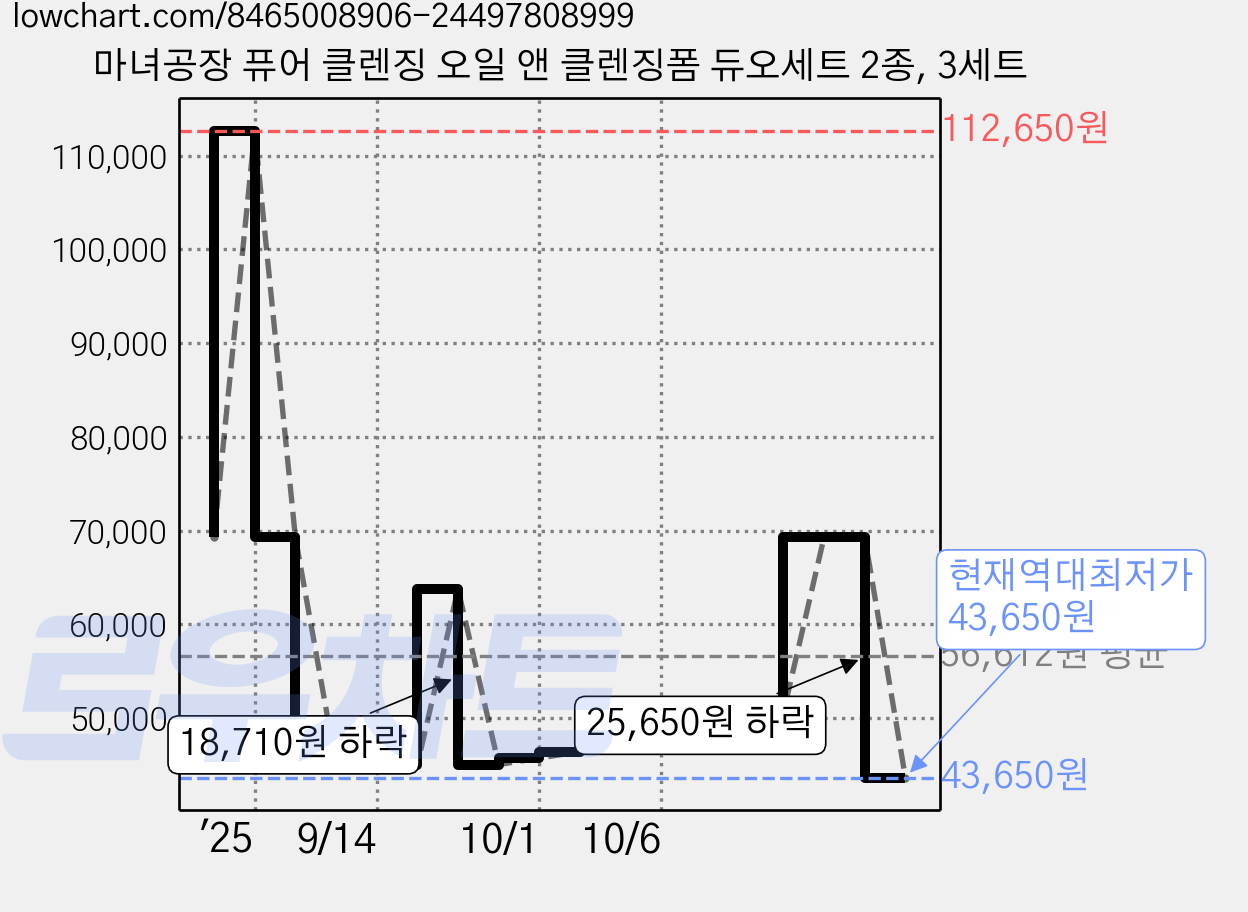 마녀공장 퓨어 클렌징 오일 앤 클렌징폼 듀오세트 2종, 3세트 가격 변동 차트, 현재가 43,650원, 역대최저가