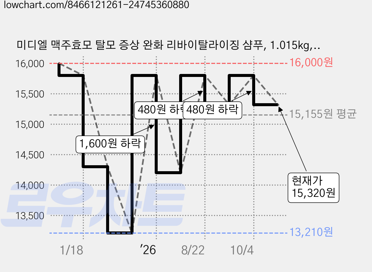 미디엘 맥주효모 탈모 증상 완화 리바이탈라이징 샴푸, 1.015kg, 1개 가격 변동 차트, 현재가 15,320원, 관측 최저가 13,210원