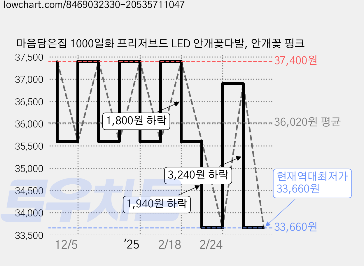 마음담은집 1000일화 프리저브드 LED 안개꽃다발, 안개꽃 핑크 가격 변동 차트, 현재가 33,660원, 역대최저가