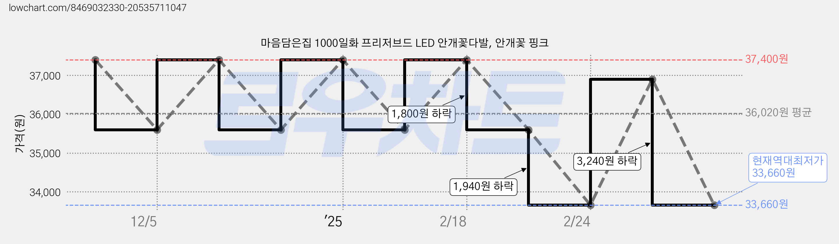 마음담은집 1000일화 프리저브드 LED 안개꽃다발, 안개꽃 핑크 가격 변동 차트, 현재가 33,660원, 역대최저가