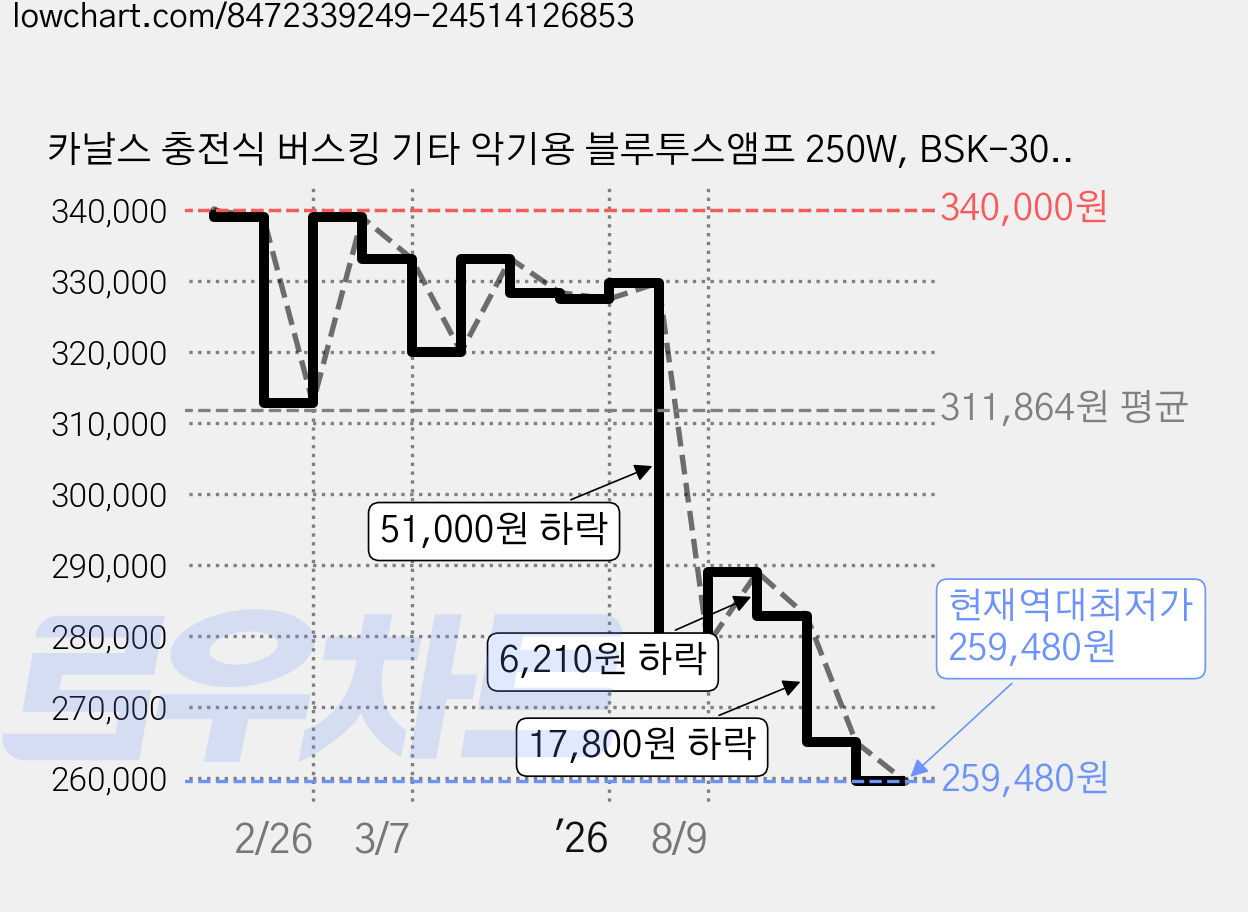 카날스 충전식 버스킹 기타 악기용 블루투스앰프 250W, BSK-300, 블랙 가격 변동 차트, 현재가 259,480원, 역대최저가