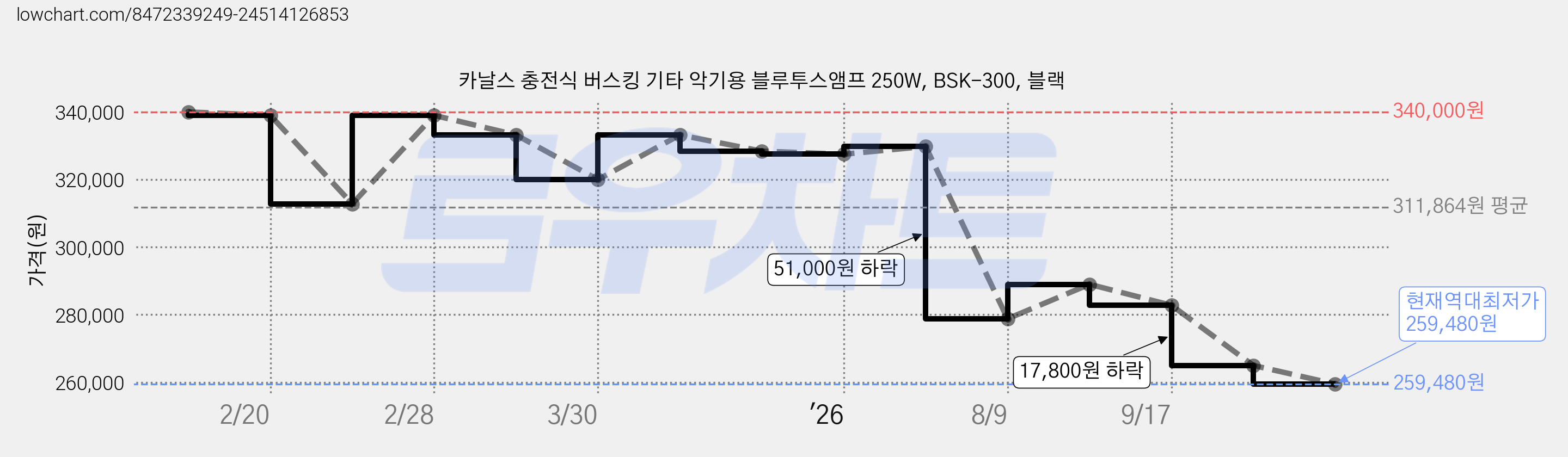 카날스 충전식 버스킹 기타 악기용 블루투스앰프 250W, BSK-300, 블랙 가격 변동 차트, 현재가 259,480원, 역대최저가