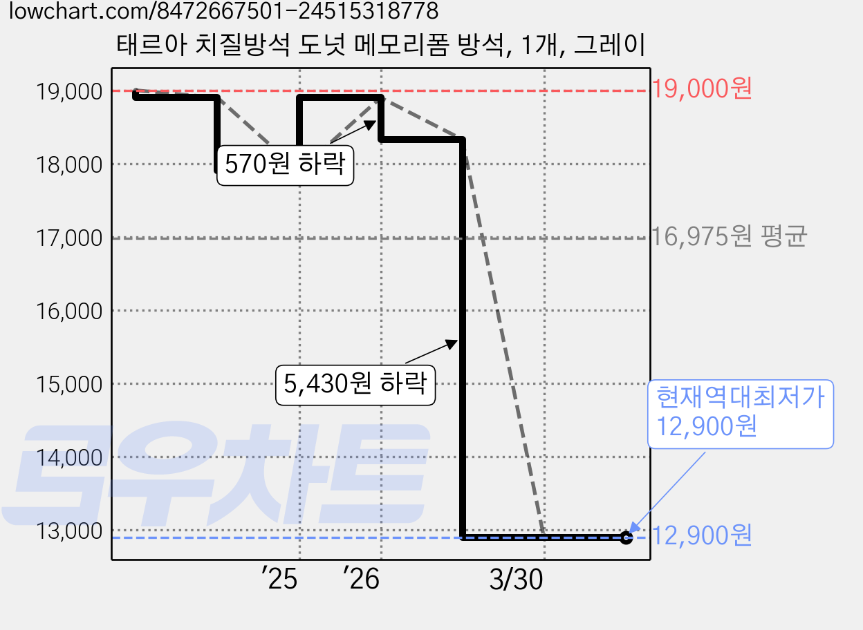 태르아 치질방석 도넛 메모리폼 방석, 1개, 그레이 가격 변동 차트, 현재가 12,900원, 역대최저가