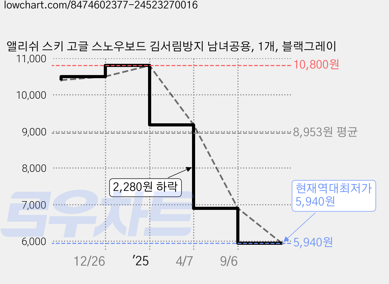 앨리쉬 스키 고글 스노우보드 김서림방지 남녀공용, 1개, 블랙그레이 가격 변동 차트, 현재가 5,940원, 역대최저가
