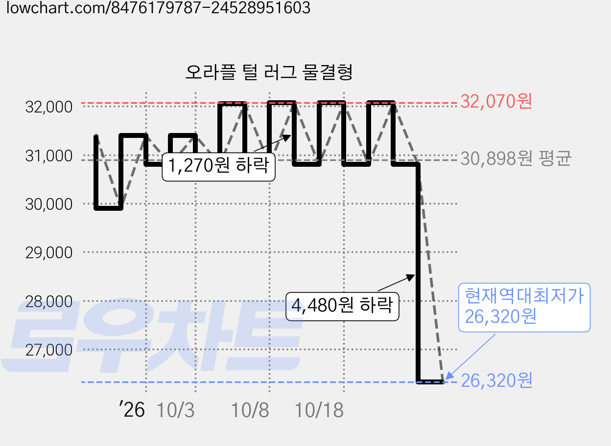 오라플 털 러그 물결형 가격 변동 차트, 현재가 26,320원, 역대최저가