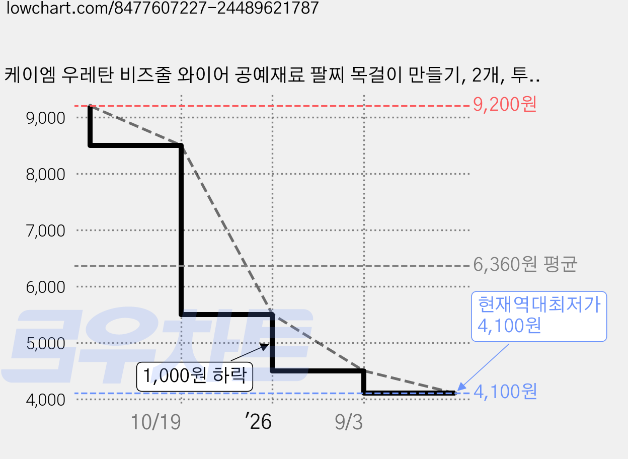 케이엠 우레탄 비즈줄 와이어 공예재료 팔찌 목걸이 만들기, 2개, 투명 가격 변동 차트, 현재가 4,100원, 역대최저가