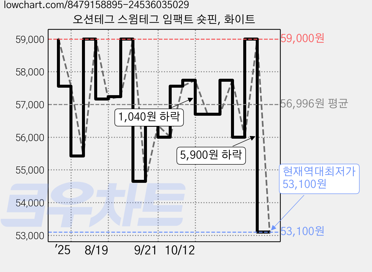 오션테그 스윔테그 임팩트 숏핀, 화이트 가격 변동 차트, 현재가 56,090원, 관측 최저가 53,100원