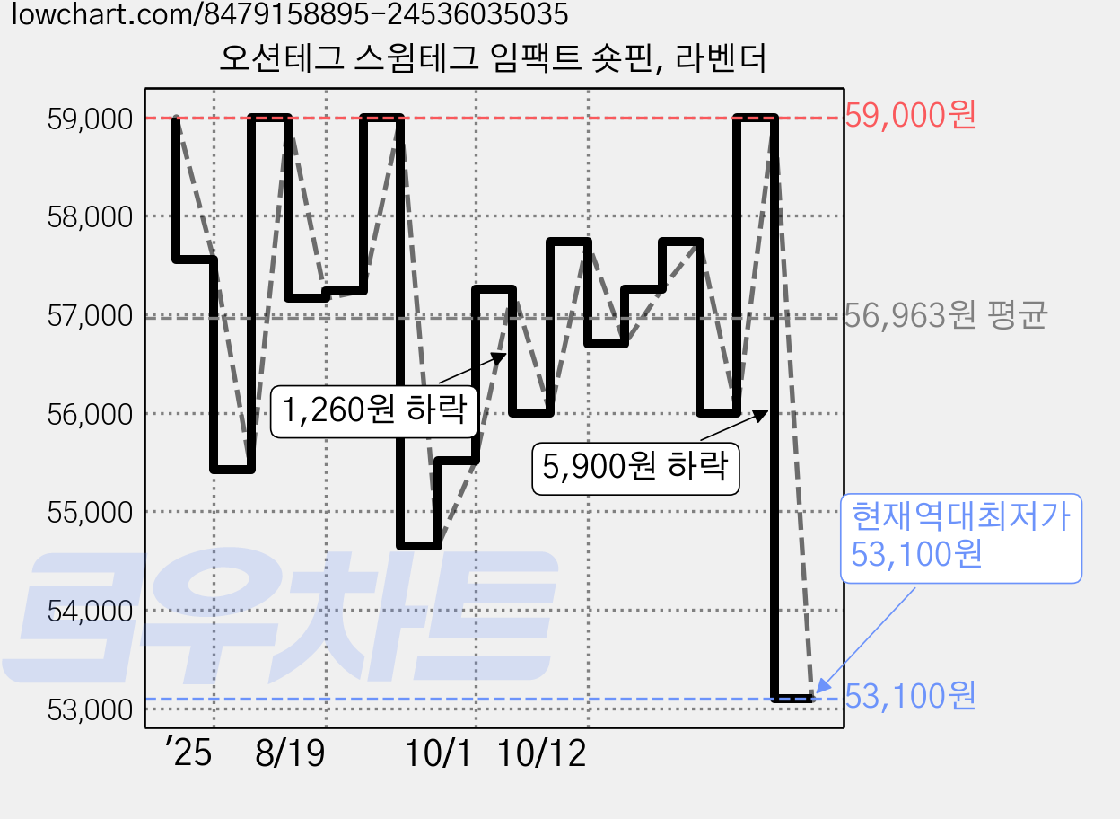 오션테그 스윔테그 임팩트 숏핀, 라벤더 가격 변동 차트, 현재가 53,100원, 역대최저가
