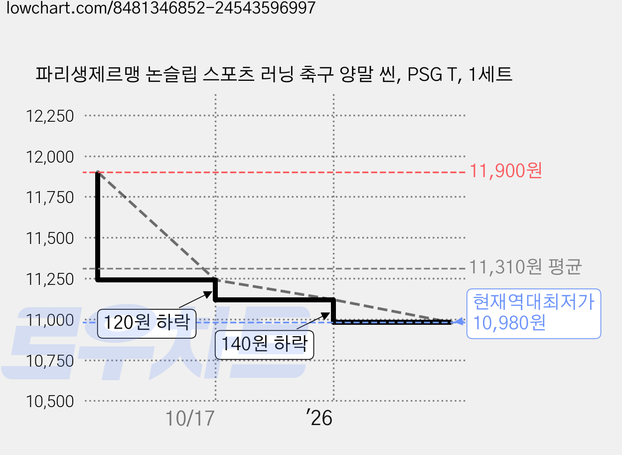 파리생제르맹 논슬립 스포츠 러닝 축구 양말 씬, PSG T, 1세트 가격 변동 차트, 현재가 10,980원, 역대최저가
