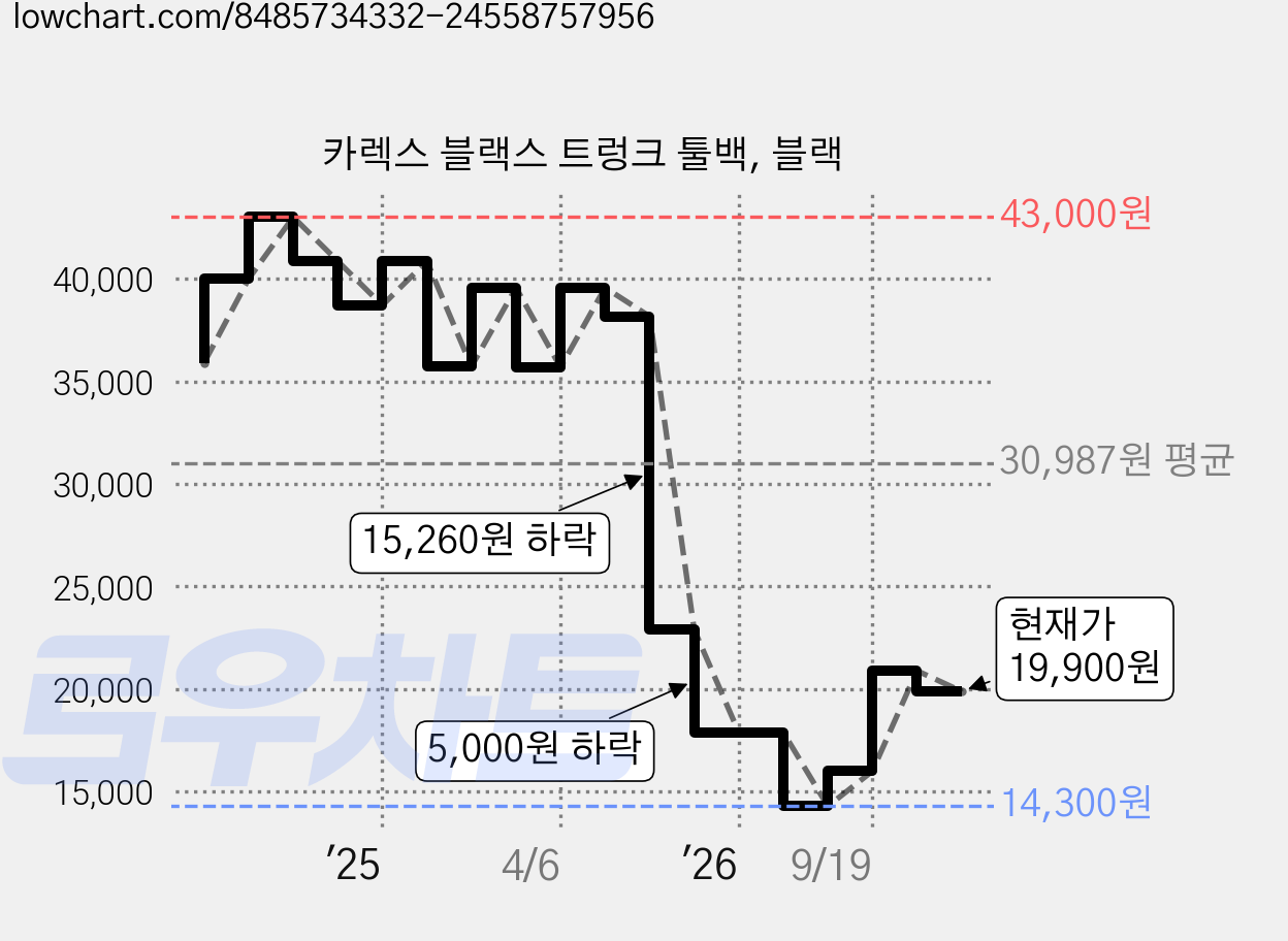 카렉스 블랙스 트렁크 툴백, 블랙 가격 변동 차트, 현재가 19,900원, 관측 최저가 14,300원