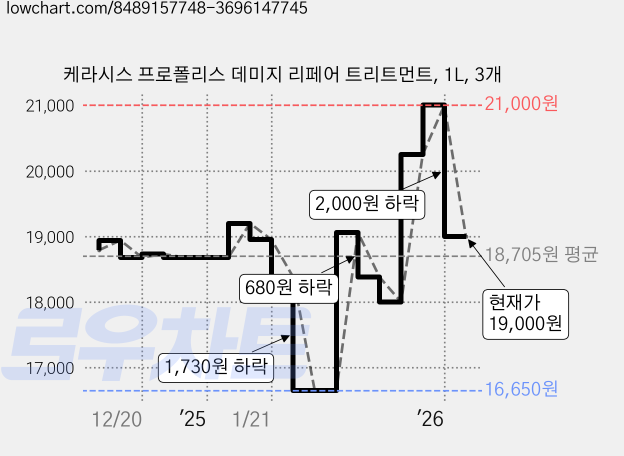 케라시스 프로폴리스 데미지 리페어 트리트먼트, 1L, 3개 가격 변동 차트, 현재가 19,000원, 관측 최저가 16,650원