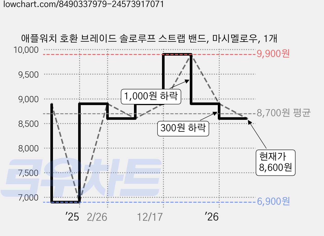 애플워치 호환 브레이드 솔로루프 스트랩 밴드, 마시멜로우, 1개 가격 변동 차트, 현재가 8,600원, 관측 최저가 6,900원
