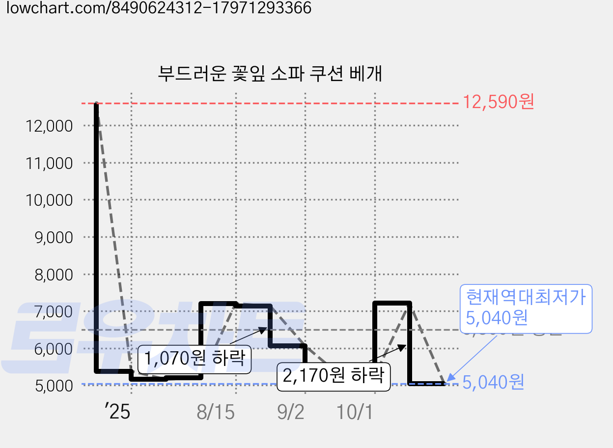 부드러운 꽃잎 소파 쿠션 베개 가격 변동 차트, 현재가 5,040원, 역대최저가