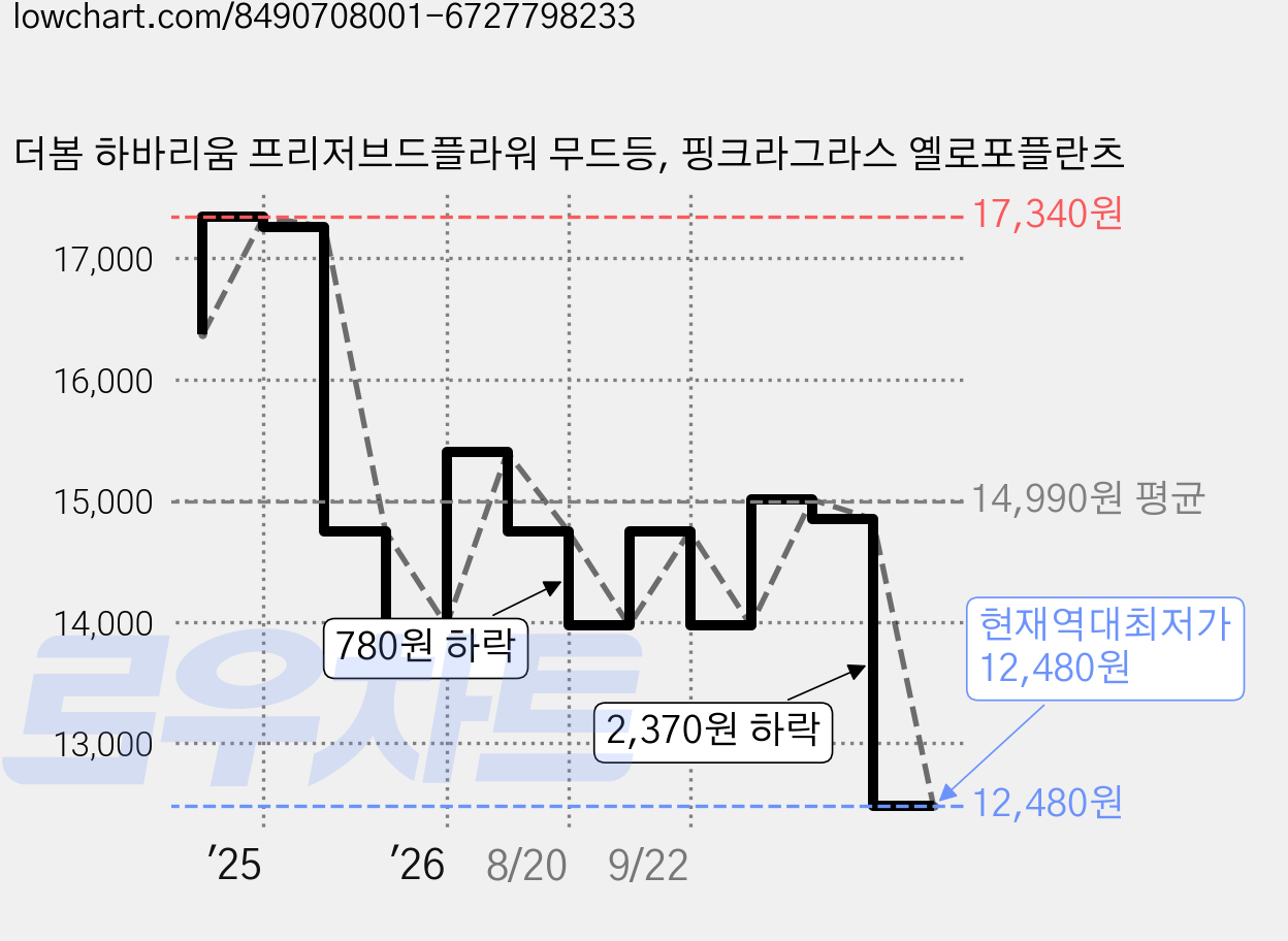 더봄 하바리움 프리저브드플라워 무드등, 핑크라그라스 옐로포플란츠 가격 변동 차트, 현재가 12,480원, 역대최저가