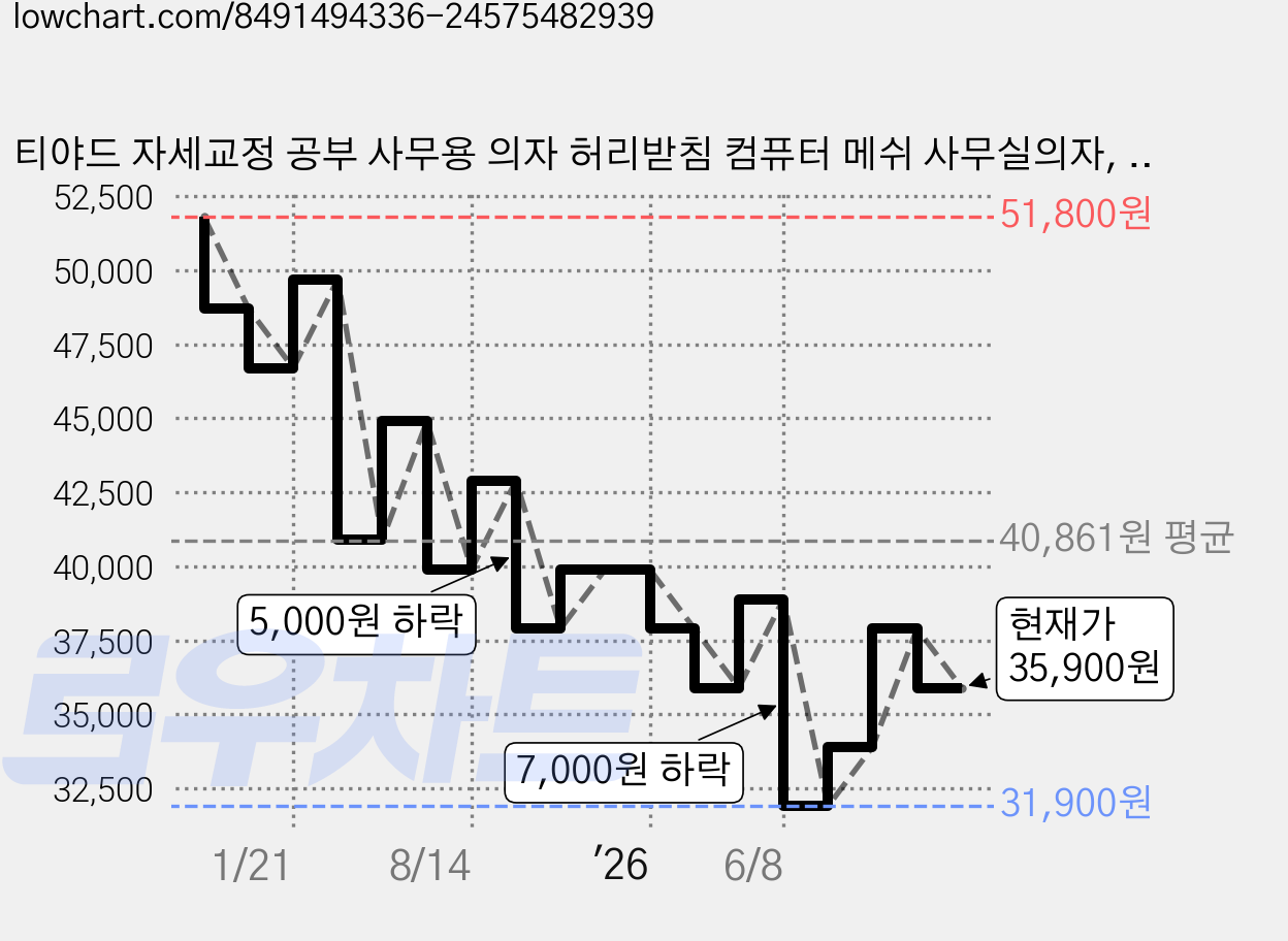 티야드 자세교정 공부 사무용 의자 허리받침 컴퓨터 메쉬 사무실의자, 화이트 + 그레이 가격 변동 차트, 현재가 35,900원, 관측 최저가 31,900원