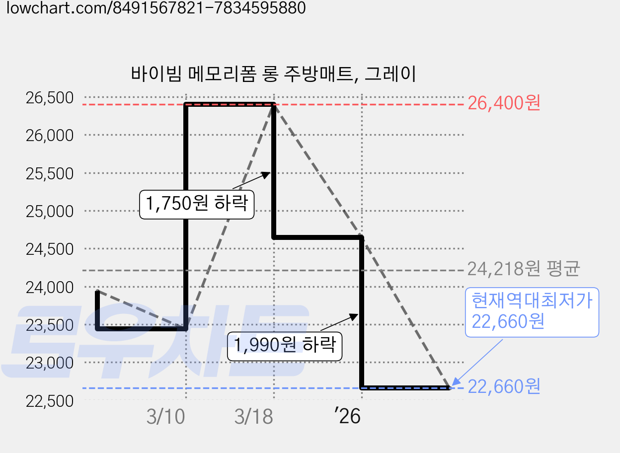 바이빔 메모리폼 롱 주방매트, 그레이 가격 변동 차트, 현재가 22,660원, 역대최저가