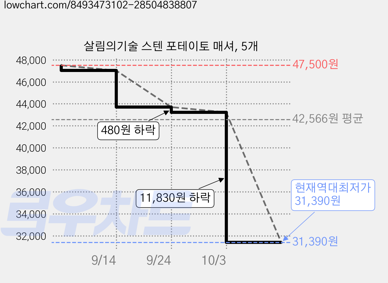 살림의기술 스텐 포테이토 매셔, 5개 가격 변동 차트, 현재가 31,390원, 역대최저가