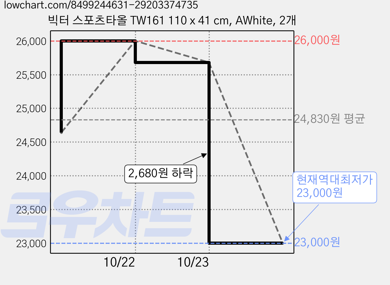 빅터 스포츠타올 TW161 110 x 41 cm, AWhite, 2개 가격 변동 차트, 현재가 23,000원, 역대최저가