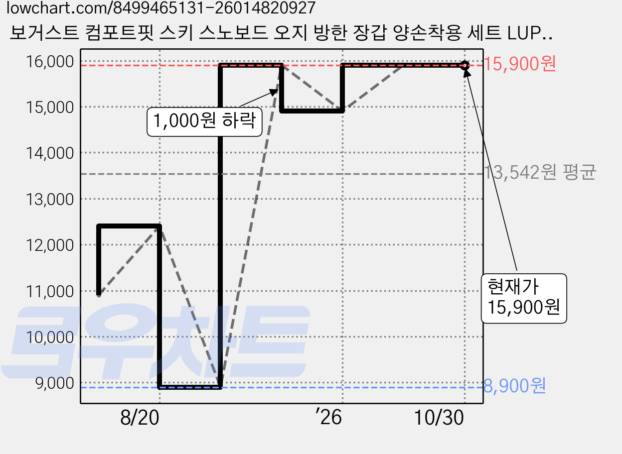 보거스트 컴포트핏 스키 스노보드 오지 방한 장갑 양손착용 세트 LUPCUG05, 화이트, 1세트 가격 변동 차트, 현재가 15,900원, 관측 최저가 8,900원