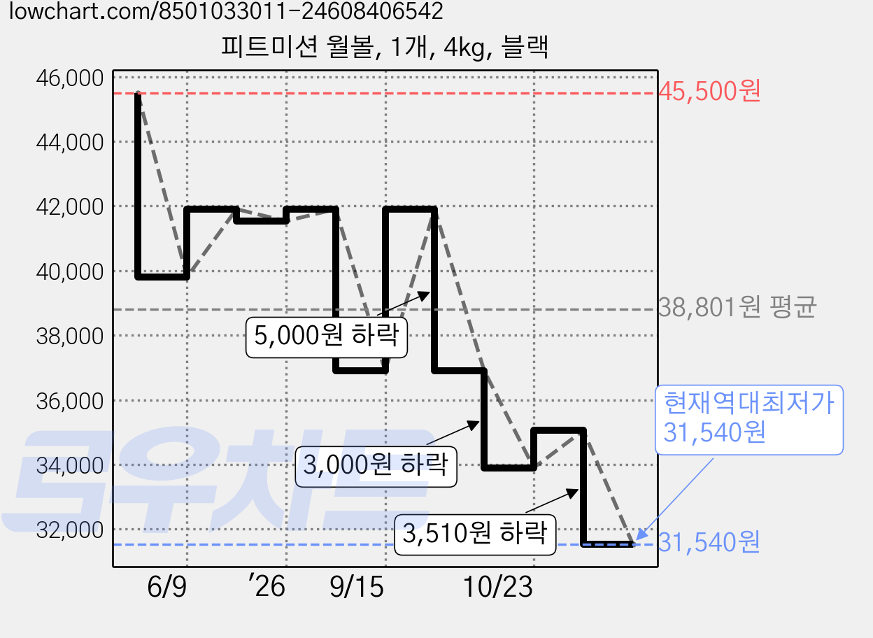 피트미션 월볼, 1개, 4kg, 블랙 가격 변동 차트, 현재가 31,540원, 역대최저가