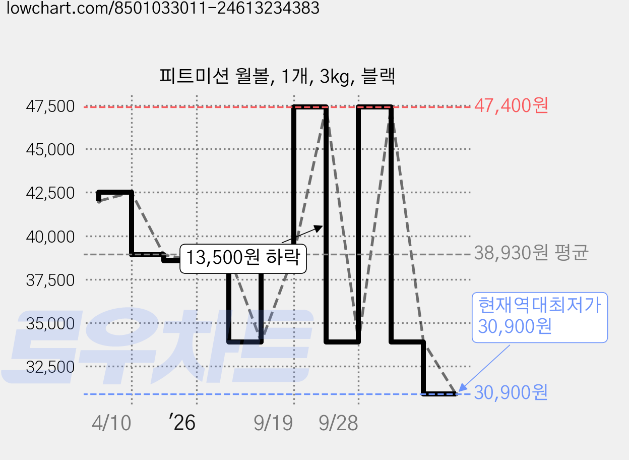 피트미션 월볼, 1개, 3kg, 블랙 가격 변동 차트, 현재가 30,900원, 역대최저가