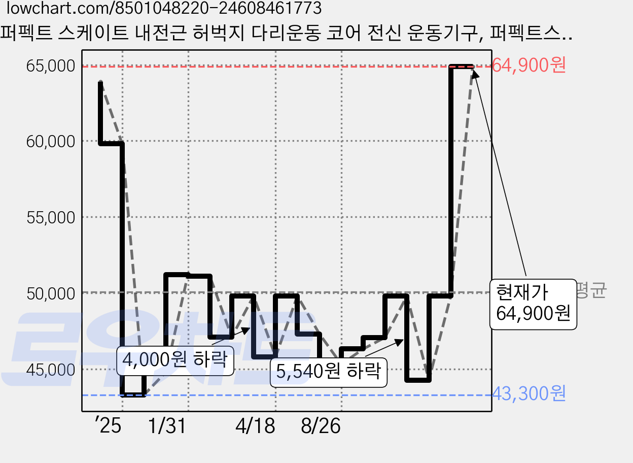 퍼펙트 스케이트 내전근 허벅지 다리운동 코어 전신 운동기구, 퍼펙트스케이트, 퍼플 가격 변동 차트, 현재가 64,900원, 관측 최저가 43,300원