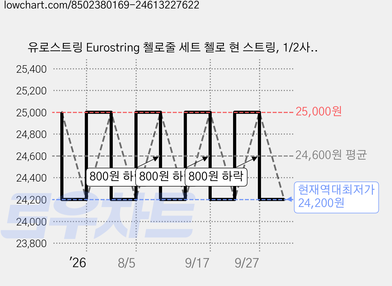 유로스트링 Eurostring 첼로줄 세트 첼로 현 스트링, 1/2사이즈 전용, 1개 가격 변동 차트, 현재가 24,200원, 역대최저가