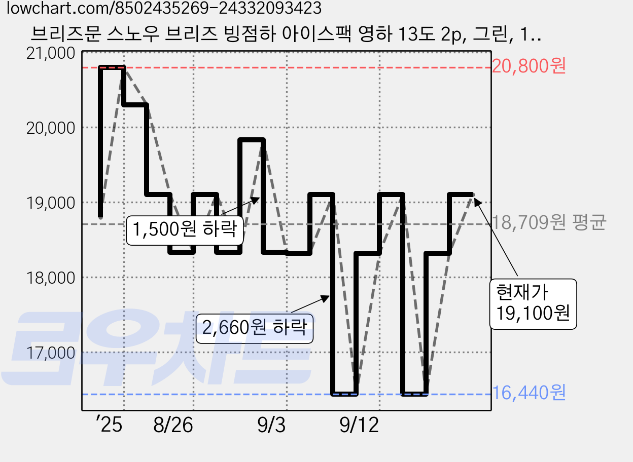 브리즈문 스노우 브리즈 빙점하 아이스팩 영하 13도 2p, 그린, 1200ml 가격 변동 차트, 현재가 19,100원, 관측 최저가 16,440원