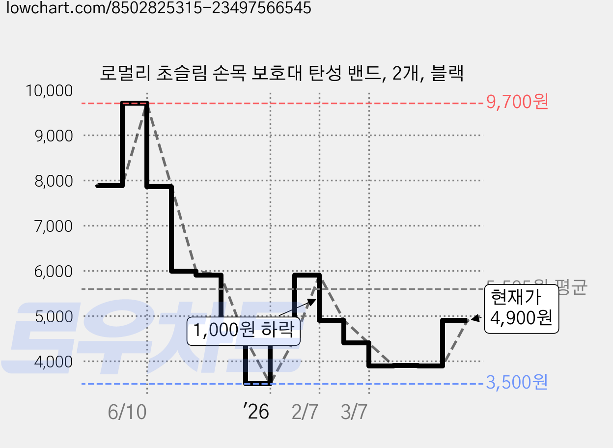 로멀리 초슬림 손목 보호대 탄성 밴드, 2개, 블랙 가격 변동 차트, 현재가 4,900원, 관측 최저가 3,500원