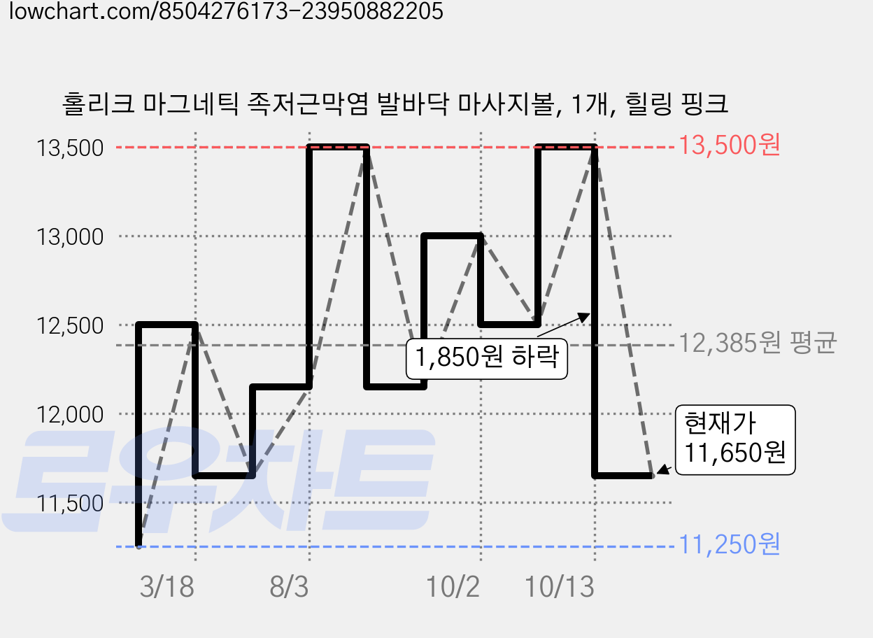 홀리크 마그네틱 족저근막염 발바닥 마사지볼, 1개, 힐링 핑크 가격 변동 차트, 현재가 11,650원, 관측 최저가 11,250원
