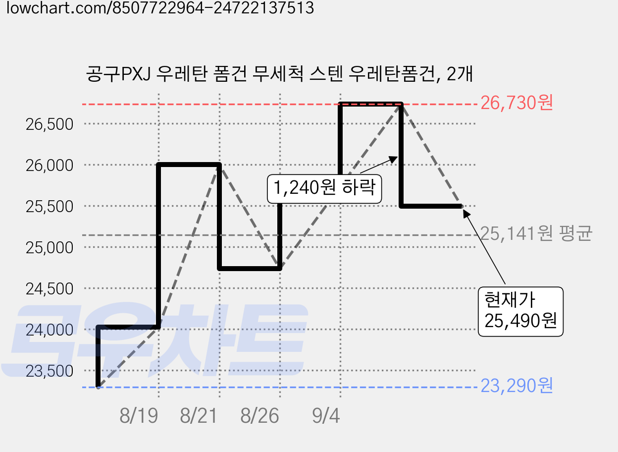 공구PXJ 우레탄 폼건 무세척 스텐 우레탄폼건, 2개 가격 변동 차트, 현재가 25,490원, 관측 최저가 23,290원