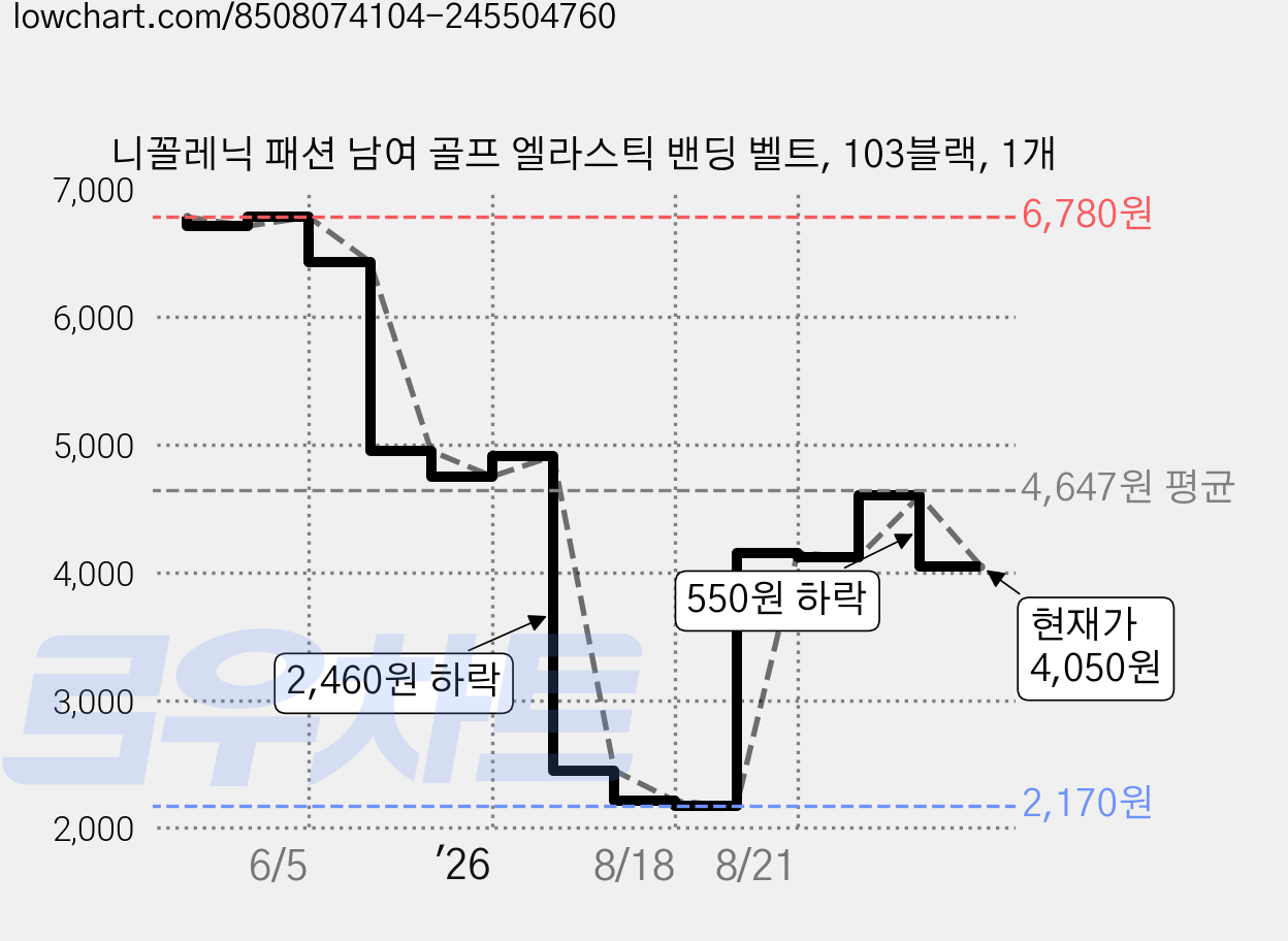 니꼴레닉 패션 남여 골프 엘라스틱 밴딩 벨트, 103블랙, 1개 가격 변동 차트, 현재가 4,050원, 관측 최저가 2,170원