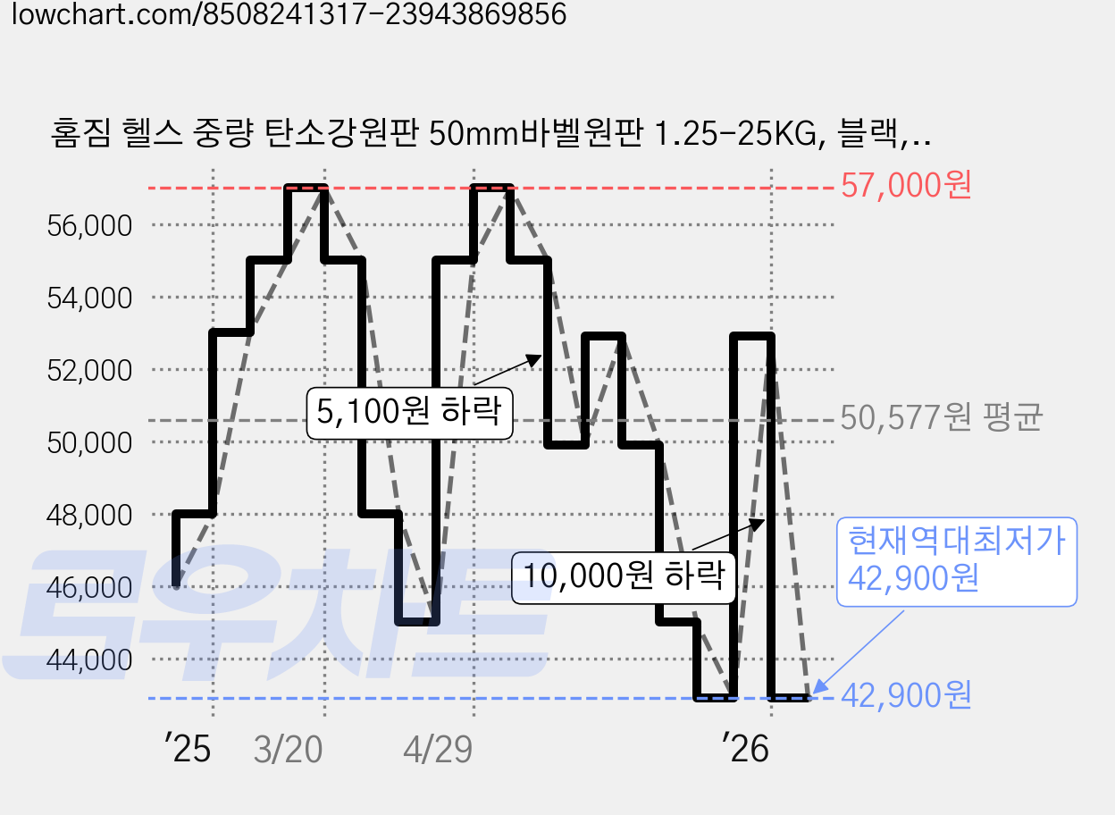 홈짐 헬스 중량 탄소강원판 50mm바벨원판 1.25-25KG, 블랙, 2개, 10kg 가격 변동 차트, 현재가 42,900원, 역대최저가