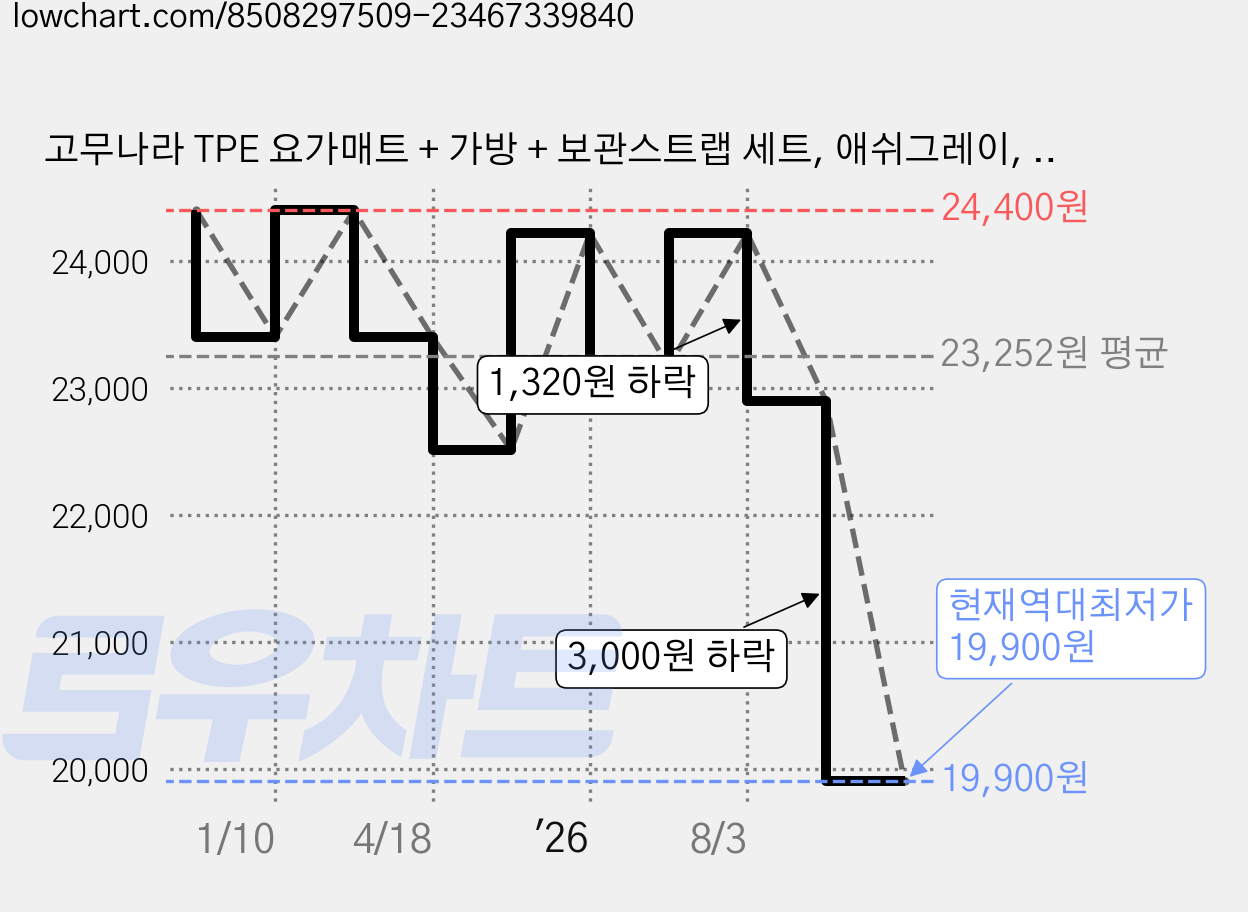 고무나라 TPE 요가매트 + 가방 + 보관스트랩 세트, 애쉬그레이, 1개 가격 변동 차트, 현재가 19,900원, 역대최저가