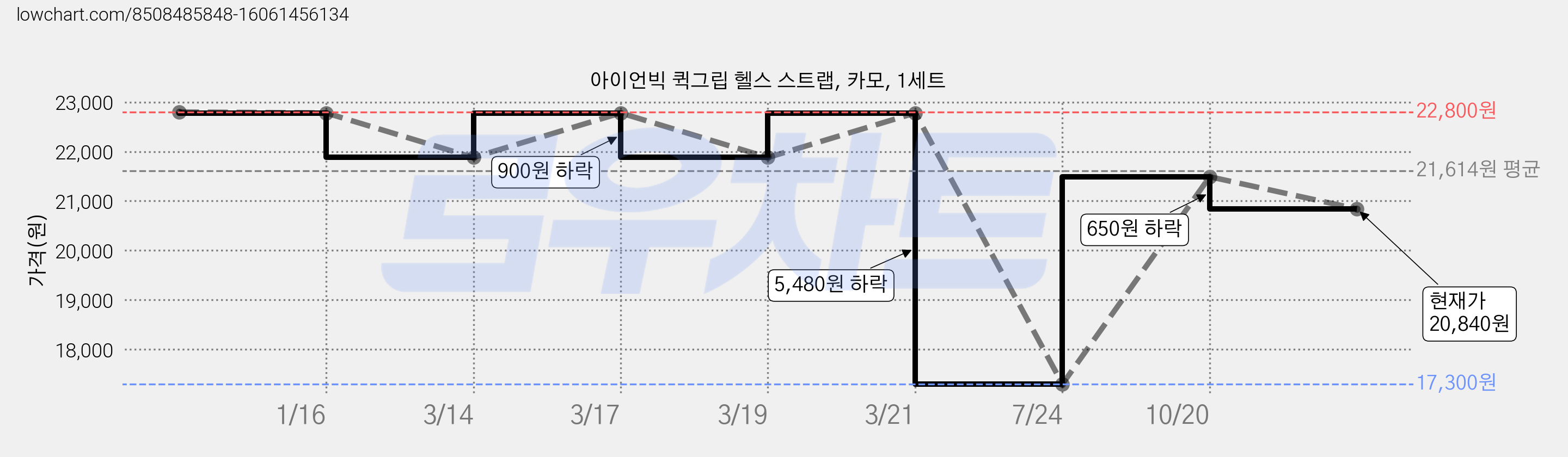 아이언빅 퀵그립 헬스 스트랩, 카모, 1세트 가격 변동 차트, 현재가 20,840원, 관측 최저가 17,300원