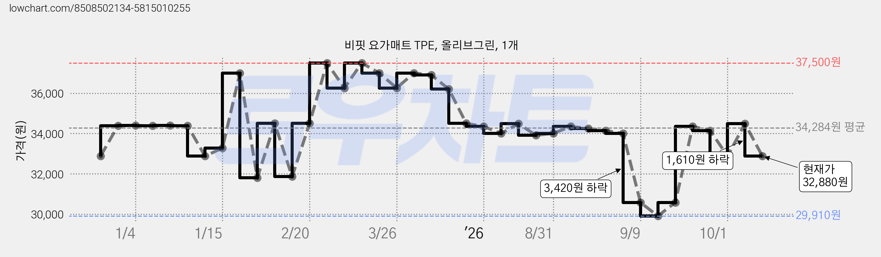 비핏 요가매트 TPE, 올리브그린, 1개 가격 변동 차트, 현재가 32,880원, 관측 최저가 29,910원