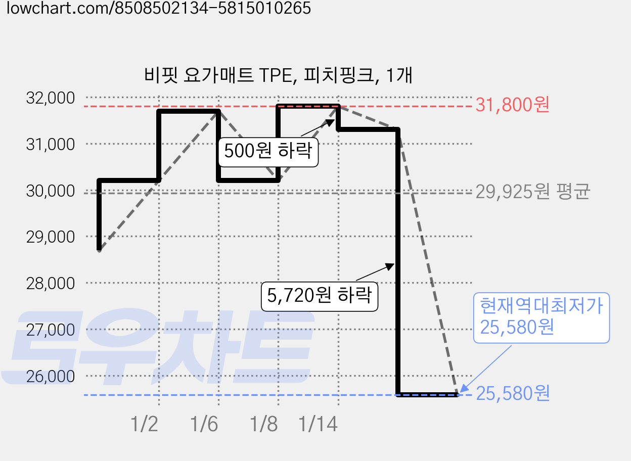 비핏 요가매트 TPE, 피치핑크, 1개 가격 변동 차트, 현재가 25,580원, 역대최저가