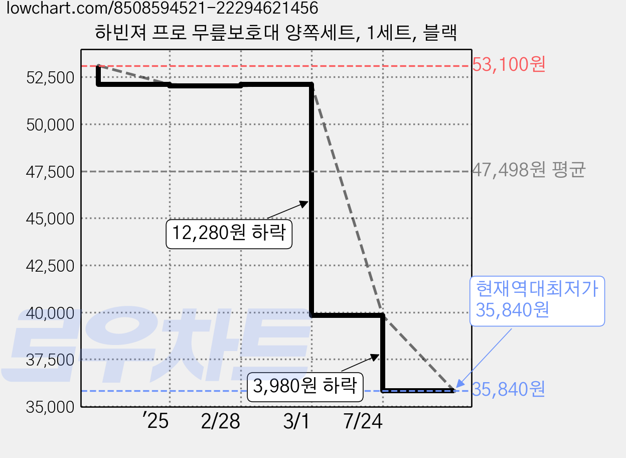 하빈져 프로 무릎보호대 양쪽세트, 1세트, 블랙 가격 변동 차트, 현재가 35,840원, 역대최저가
