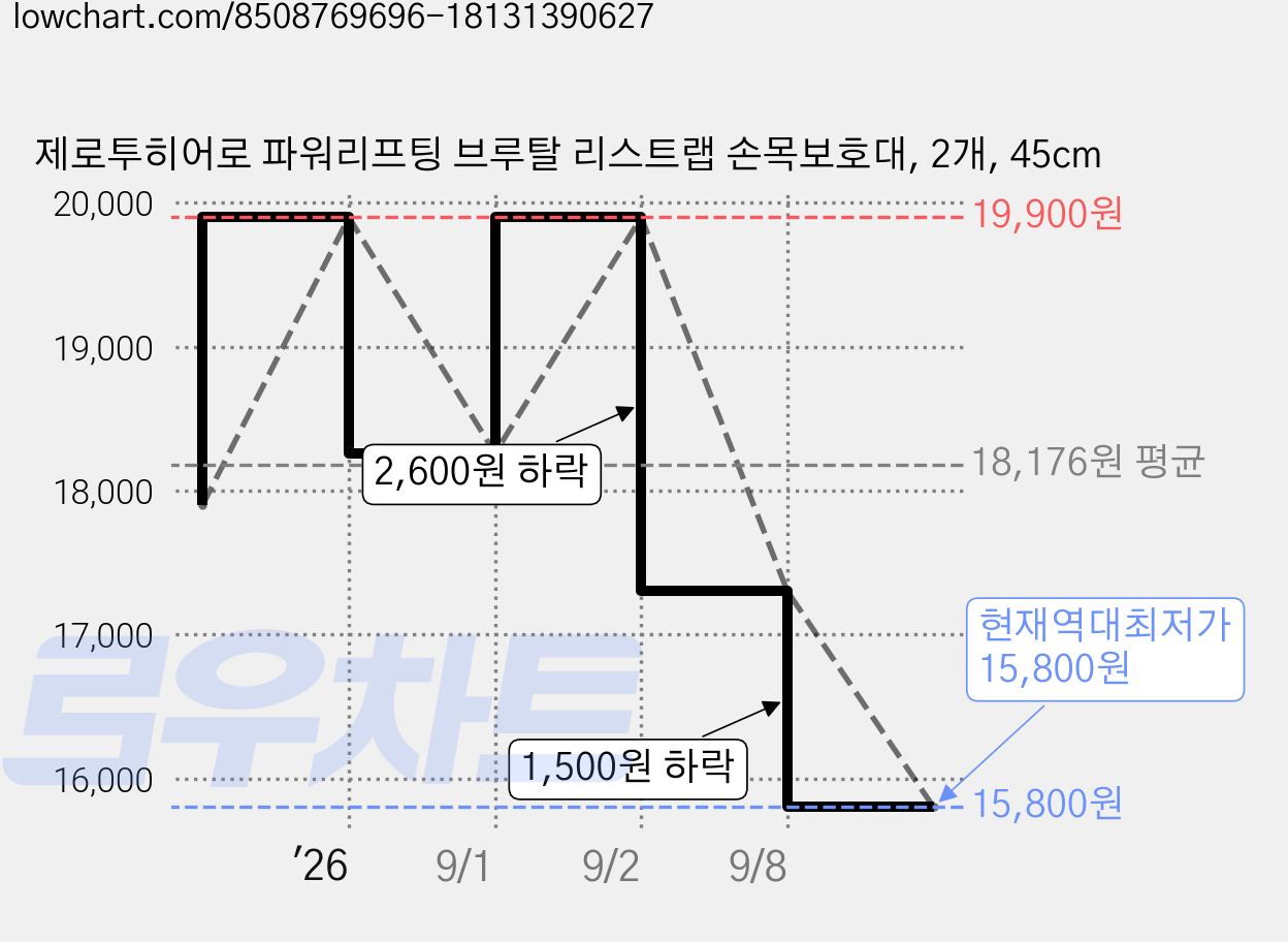제로투히어로 파워리프팅 브루탈 리스트랩 손목보호대, 2개, 45cm 가격 변동 차트, 현재가 15,800원, 역대최저가