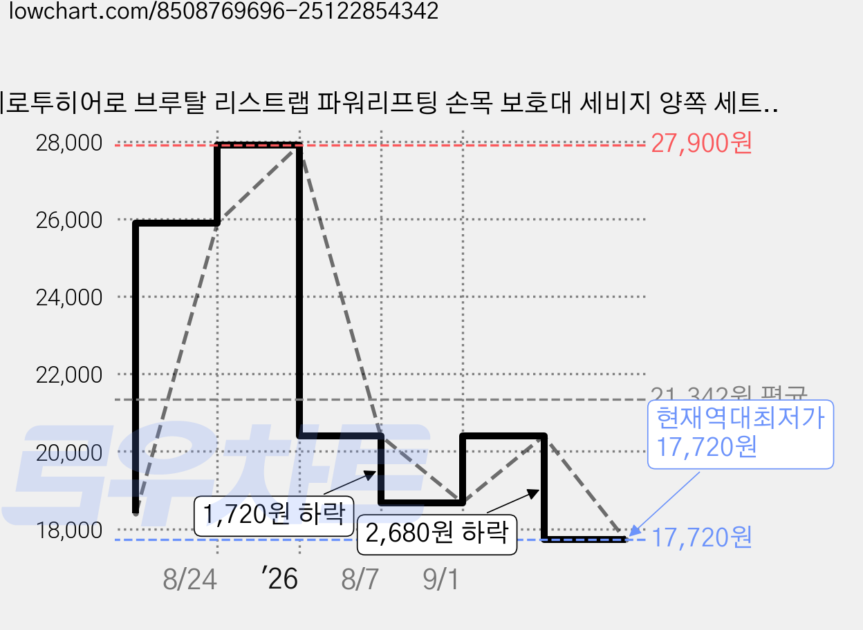 제로투히어로 브루탈 리스트랩 파워리프팅 손목 보호대 세비지 양쪽 세트, 1개, 60cm 가격 변동 차트, 현재가 17,720원, 역대최저가