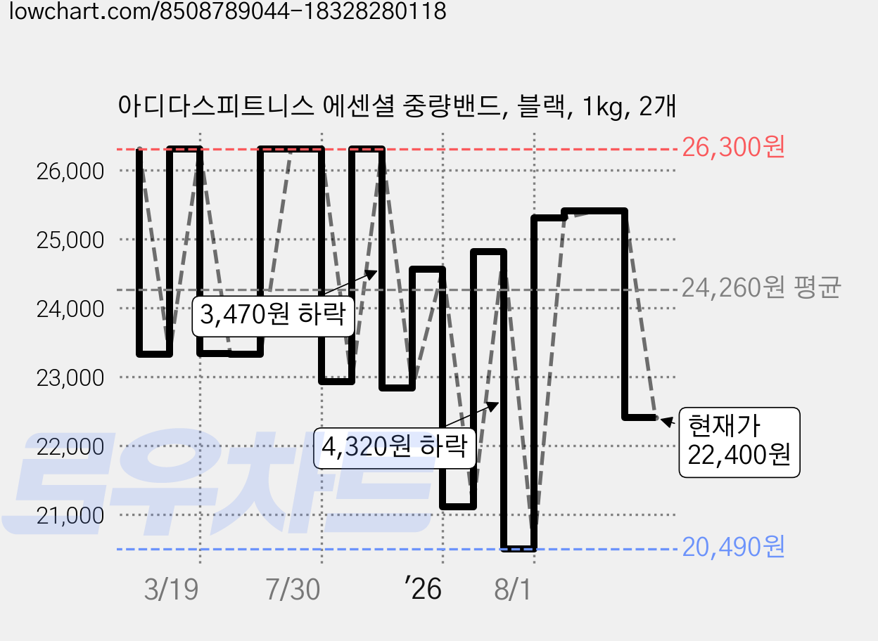 아디다스피트니스 에센셜 중량밴드, 블랙, 1kg, 2개 가격 변동 차트, 현재가 22,400원, 관측 최저가 20,490원