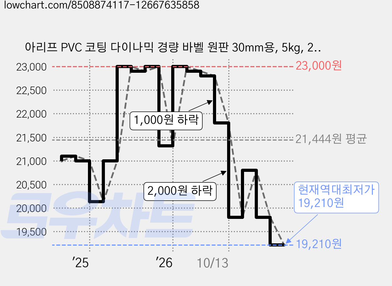 아리프 PVC 코팅 다이나믹 경량 바벨 원판 30mm용, 5kg, 2개, 블랙 가격 변동 차트, 현재가 19,210원, 역대최저가