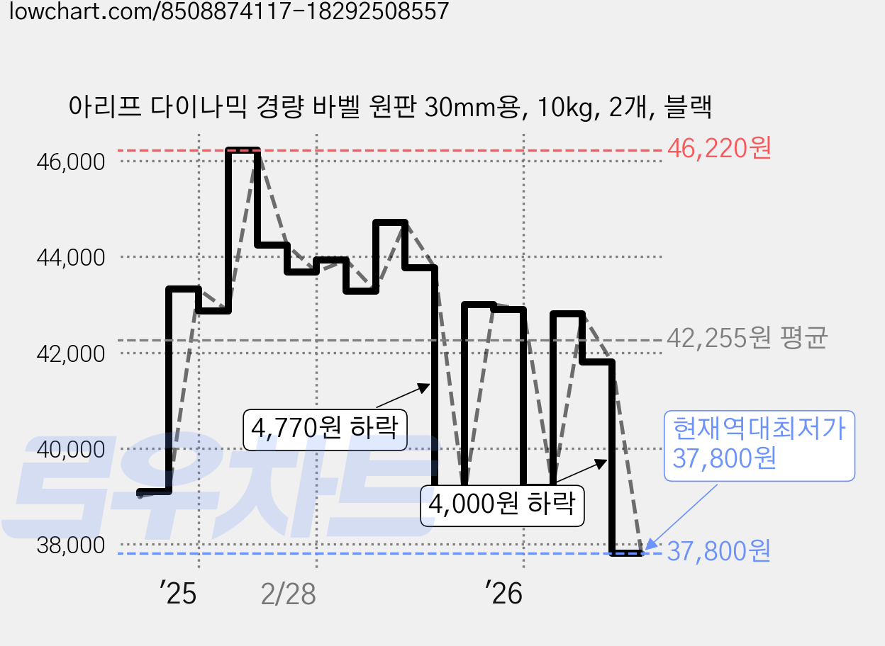 아리프 다이나믹 경량 바벨 원판 30mm용, 10kg, 2개, 블랙 가격 변동 차트, 현재가 37,800원, 역대최저가