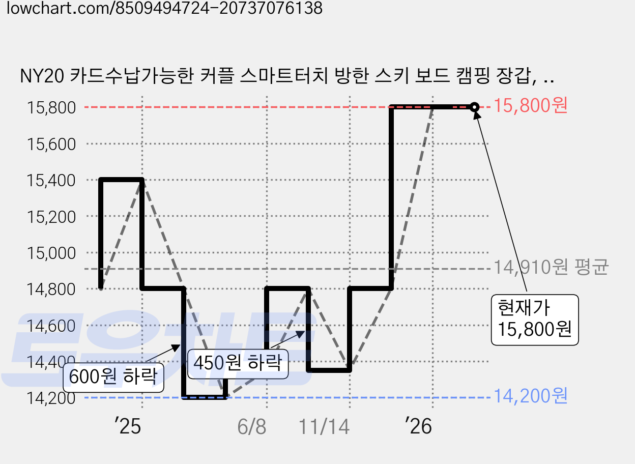 NY20 카드수납가능한 커플 스마트터치 방한 스키 보드 캠핑 장갑, 남성용 베이지, 1개 가격 변동 차트, 현재가 15,800원, 관측 최저가 14,100원