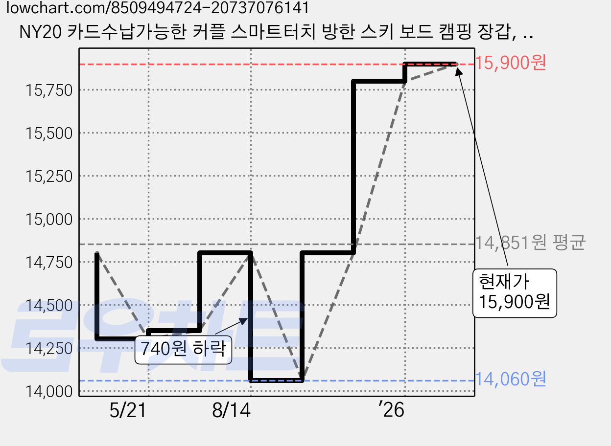 NY20 카드수납가능한 커플 스마트터치 방한 스키 보드 캠핑 장갑, 남성용 블랙, 1개 가격 변동 차트, 현재가 15,900원, 관측 최저가 14,060원