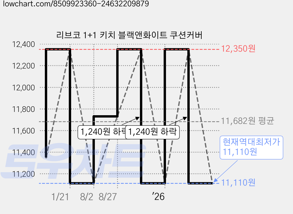 리브코 1+1 키치 블랙앤화이트 쿠션커버 가격 변동 차트, 현재가 11,110원, 역대최저가